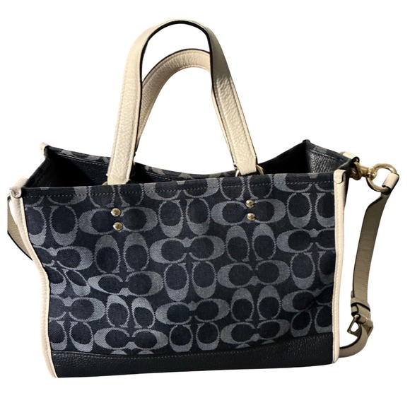 Coach Field Tote 30 Signature Jacquard Navy Cream Leather Bag C2826 - Picture 2 of 9